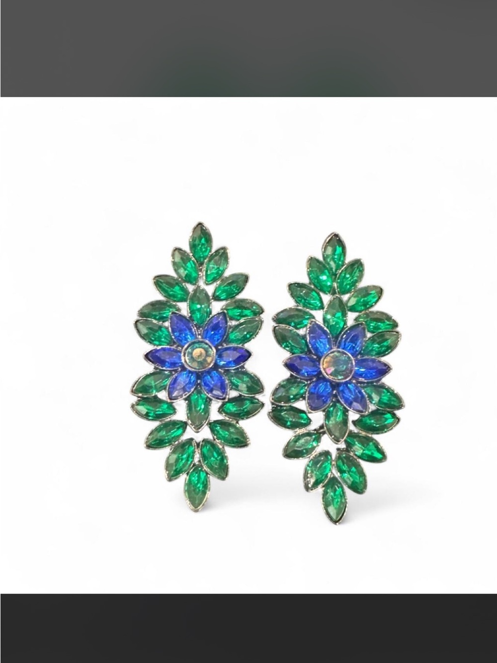 Blue & Green Floral Crystal Statement Earrings - Women Jewelry